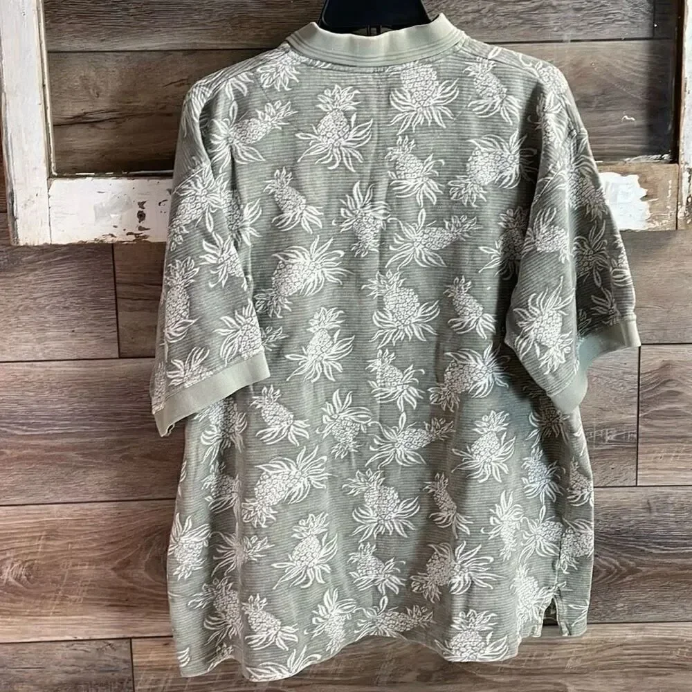 RINGO TROPICAL Mens Polo Pineapple Print Polo Shirt Gray White Vintage Size XL